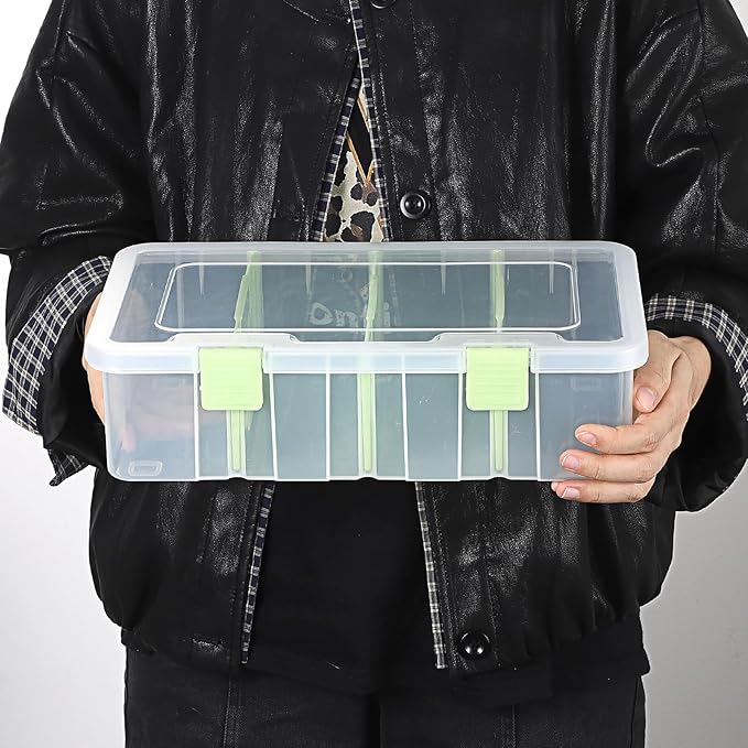 BTSKY Clear Plastic Dividing Storage Box with 4 Compartments Adjustable Storage Bin with Lid Plastic Craft Storage Container Multipurpose Sewing Box Art Supply Organizer, 13.3x8.1x3.4 Inches, Green