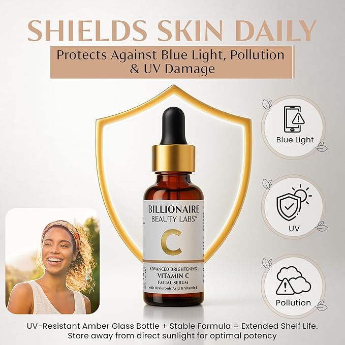 Billionaire Beauty Labs Vitamin C Serum for Face - Anti Aging Brightening Serum with Hyaluronic Acid & Vitamin E - Hydrating Facial Serum for Radiance, Fine Lines & Wrinkles - Made in USA 1 fl oz