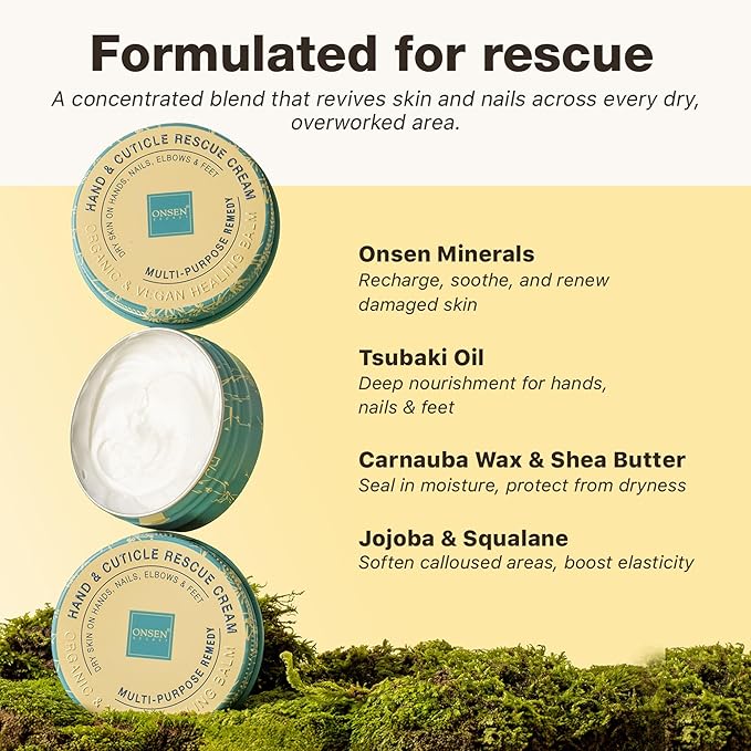 Onsen Hand & Cuticle Rescue Cream | Organic Nail Strengthener & Balm | Dry, Cracked Hands, Elbows & Feet | Shea Butter, Tsubaki & Jojoba Oil | Nail Repair & Growth, Vegan – 2 Pack (1.10 oz)