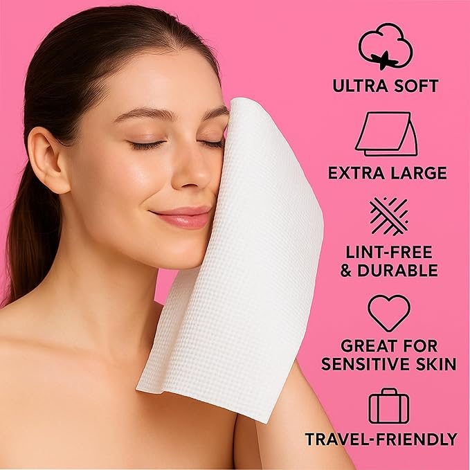 XL Disposable Face Towels – 50 Count Ultra-Soft Lint-Free Dry Facial Wipes, 100% Viscose Towels for Skincare, Makeup Removal & Sensitive Skin