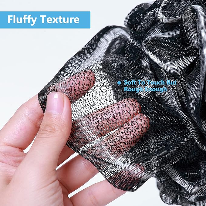 VANZAVANZU Bath Loofah Large 80g Shower Sponge Body Scrubber Mesh Pouf for Men and Women, Set of 4 (Black with White)