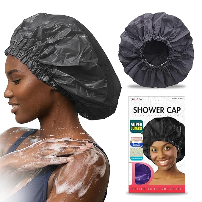 DONNA Super Jumbo Shower Cap – Comfortable Elastic Band, 100% Waterproof Hair Cap for Long Hair, Braids & Thick Styles, Reusable Big Shower Cap for Women, Keeps Hair Dry & Protected, Black