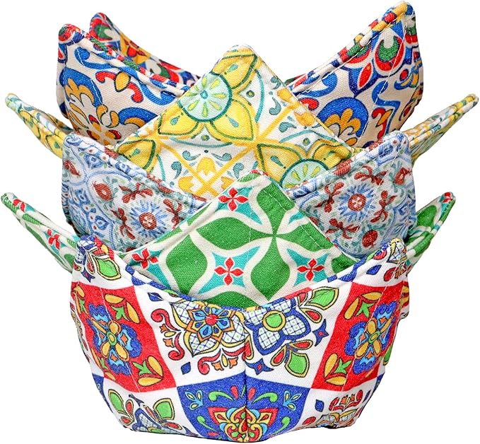 Cotton Microwavable Bowl Cozy, Microwave-Safe Hot Bowl Holders, Soup bowl Cozy Hot Pads (Vintage Tile)