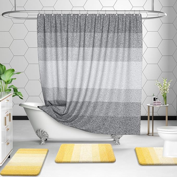 OLANLY Bathroom Rugs Sets 3 Piece, Soft Absorbent Microfiber Bath Mats and U-Shaped Contour Toilet Rug, Plush Shaggy Bath Mat Set for Bathroom (30"x20"+24"x16"+24"x20", Yellow)