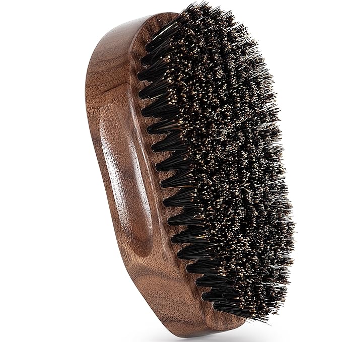 Boar Bristle Beard Brush for Men, 4.2-Inch Black Walnut Wood Handle Military Style, Men's Natural Wooden Boar Bristles Mustache Brush - Medium Hardness