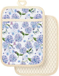 Slohif Silcone Flower Pot Holders for Kitchen - 100% Cotton Beige Blue Cute Oven Potholders with Pockets, Heat Resistant Square Thick Hot Pads, House New Home Baking Baker Gifts,2pack