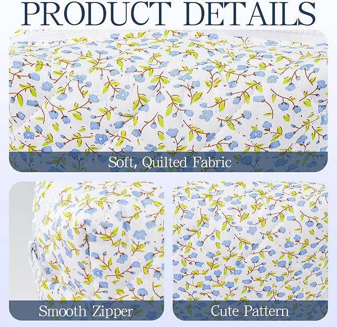 Quilted Makeup Bag Floral Cotton Make up Bag Puffy Coquette Makeup pouch Aesthetic Cute Travel Toiletry Bag for Women Girls