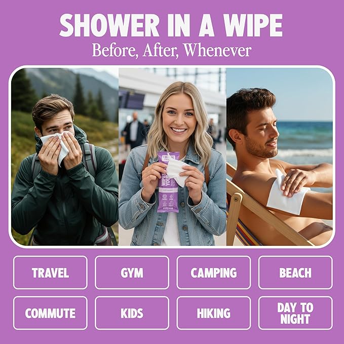 HyperGo XL Single Body Wipes for Women & Men – 12" x12" Rinse-Free Full Body Cleansing 30 Count Pack - Lavender | Biodegradable, Hypoallergenic, Aloe-Infused | Gym, Festival, Camping Essentials