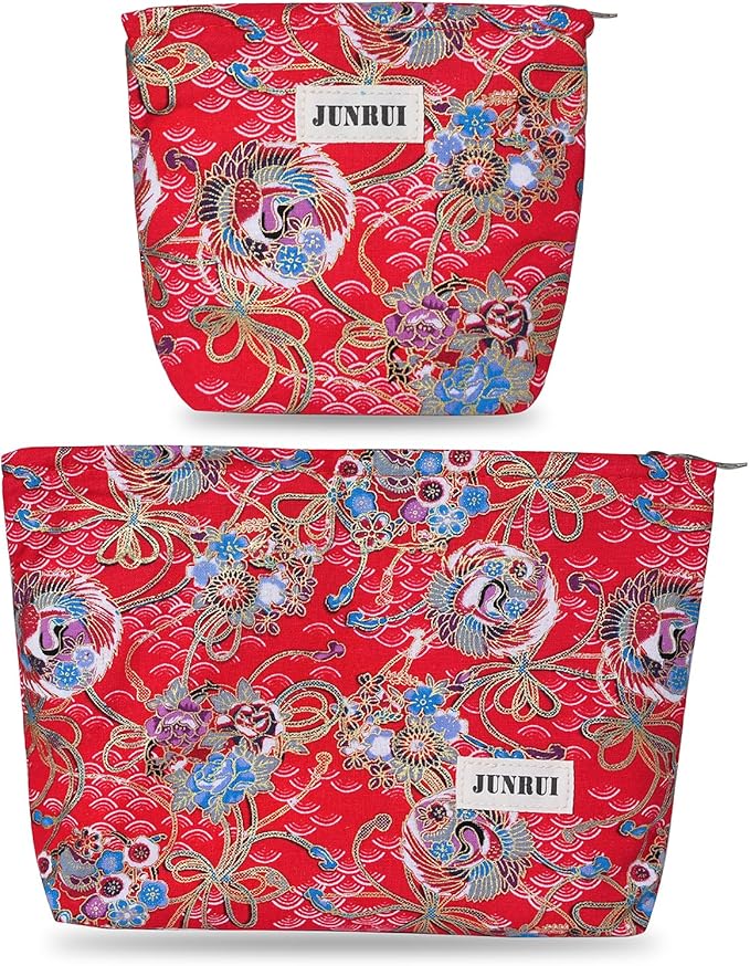 2 PCS Makeup Pouch Small Cute Japanese Style Cosmetic Bag for Women，Cotton Toiletry Bag Pouch for Purse，Gilding Craft Makeup Bag with Zipper（Red）