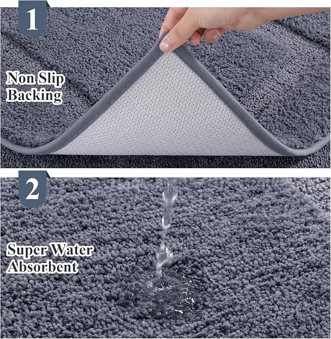SHACOS Dark Grey Bathroom Rugs Sets 3 Piece, 20"x47" +20"x32" Non Slip Bath Mat and 20"x24" Toilet Rugs U Shaped Washable, Soft Fluffy Water Absorbent Bathroom Floor Mat