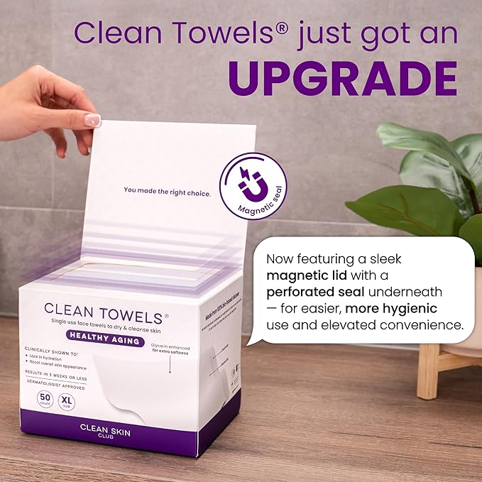 CLEAN SKIN CLUB Healthy Aging Clean Towels® XL, Smooths Fine Lines Wrinkles & Texture, Disposable Face Dry Wipes, XL - 1 Pack (50 count)