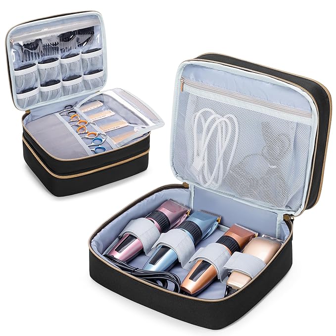 CURMIO Double Layer Hair Clipper Travel Carrying Case, Barber Supplies Organizer Storage Bag Compatible with Ufree/Wahl/Andis/Hatteker/Osterpro and Most Standard Hair Trimmer, Men Grooming Kit