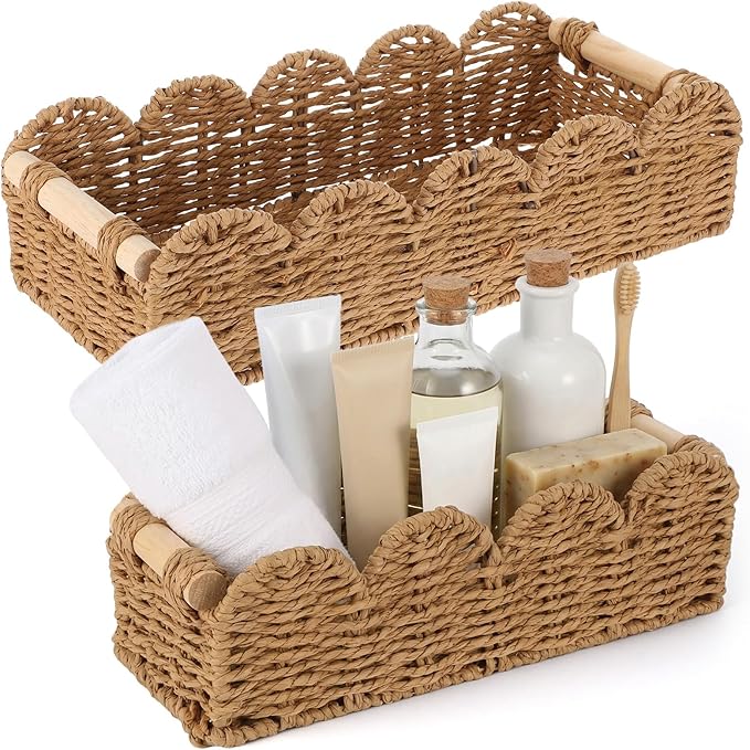 2 Pcs Toilet Paper Storage Basket, Beige Scalloped Edge Paper Rope Wicker Basket for Over Toilet Tank Top, Home Bathroom Bedroom Decor and Organization, Beige