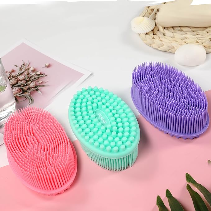 Silicone Body Scrubber Loofah - Set of 3 Soft Exfoliating Body Bath Shower Scrubber Loofah Brush for Sensitive Kids Women Men All Kinds of Skin(Purple/Green/Pink)