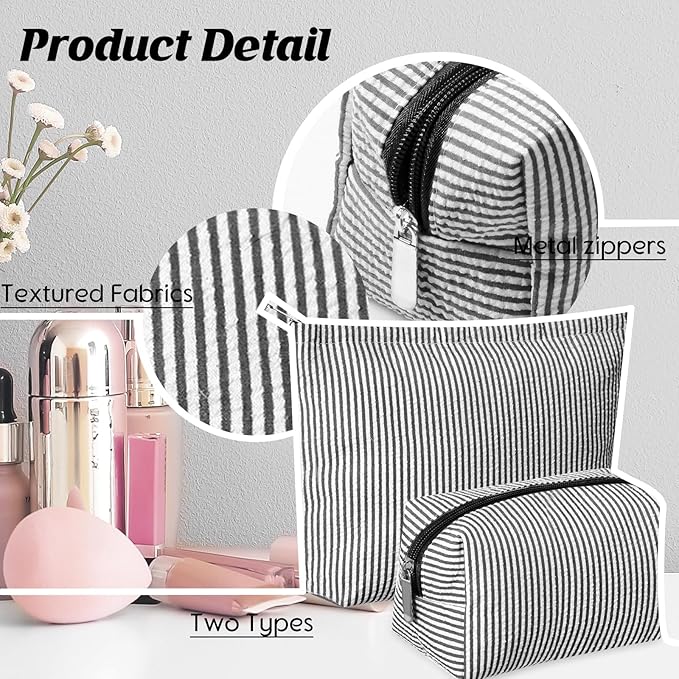2 Pcs Makeup Bag Set Cute Cosmetic Pouch for Women Seersucker Travel Toiletry Bag Preppy Small Makeup Purse Pouch Aesthetic Skincare Brushes Storage Organizer for Valentine Women(Black)
