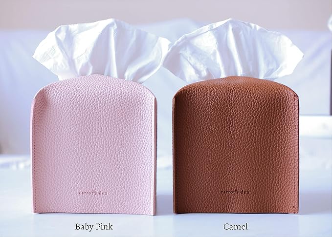 Tissue Box Cover Holder, Square with Bottom Belt by Carrot's Den - PU Leather Decorative Organizer for Tabletop, Bathroom, Car, Office | Baby Pink