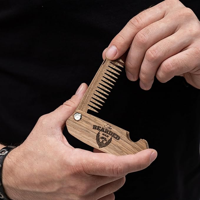 Enjoy The Wood Beard Comb for Men, Folding Pocket Beard Accessories for Men, Engraved Walnut Wooden Comb for Moustache, Beard & Hair For Him (Bearded Man)
