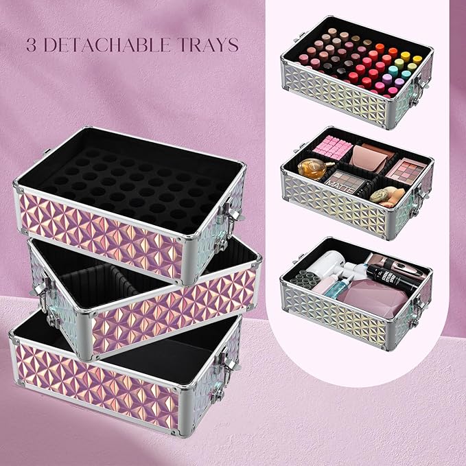 5 in 1 Rolling Makeup Case, Cosmetology Case on Wheels Travel Make up Train Case Nail Cart Makeup Organizer Cosmetic Storage Box Cases Extra Large Trolley Truck with 360° Swivel Wheels, Pink