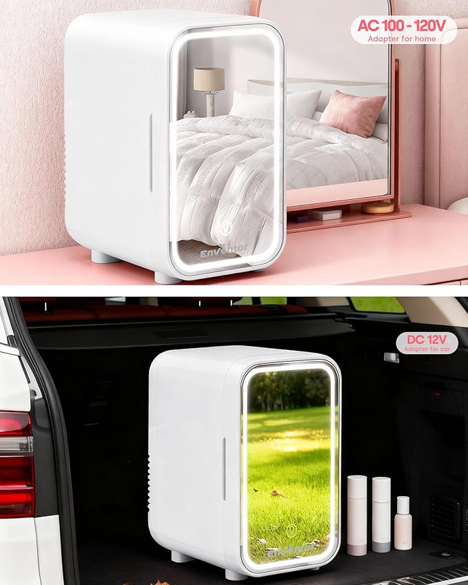 Enventor Mini Skincare Fridge Small Refrigerator for Bedroom, Beauty Fridge for Makeup with Dimmable LED Mirror, 6 L / 8 Cans Compact Portable Cooler for College Dorm, Office, Car, White