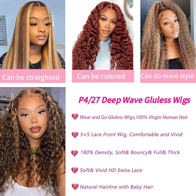 Wear and Go Glueless Highlight Ombre 4/27 Human Hair Wigs Deep Wave Curly Wet and Wavy Lace Front Pre Plucked Pre Cut 5x5 HD Lace Closure Wigs for Black Women （4/27 24 Inch）