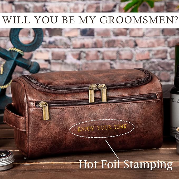 Flycalf Mens Toiletry Travel Bag Customized Mens Leather Toiletries Grooming Bag for Men Shaving Bag Hanging Water Resistant Organizer (Brown- Enjoy Your Time)