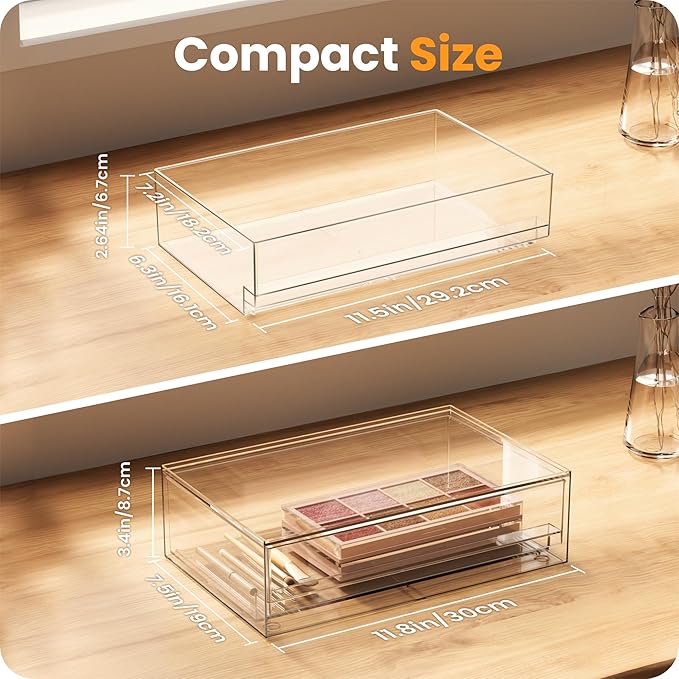 A-LuGei 【𝟮𝗣𝗖𝗦】 Acrylic Stackable Storage Drawers, 11.8" W Makeup Organizer, Bathroom Organizer and Storage, Plastic Storage Bins for Kitchen Cabinet Pantry Medicine Fridge
