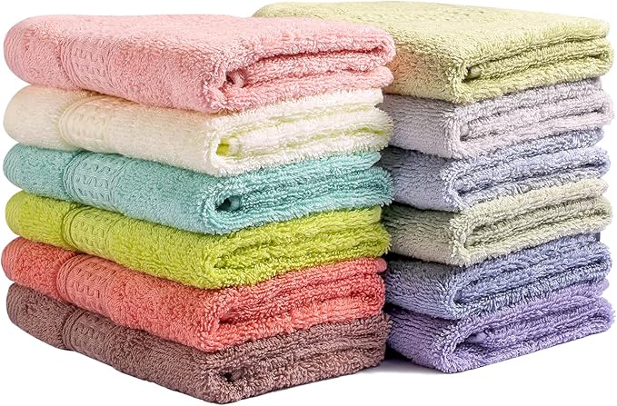 Washcloths for Body and Face - Absorbent Bath Towels Bulk Set, 100% Cotton Hotel Towels for Bathroom . Durable,Soft Wash Rag (Multicolor, Pack of 12)