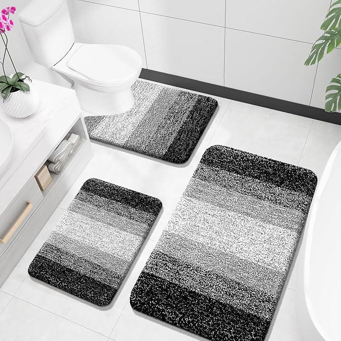 OLANLY Bathroom Rugs Sets 3 Piece, Soft Absorbent Microfiber Bath Mats and U-Shaped Contour Toilet Rug, Plush Shaggy Bath Mat Set for Bathroom (36"x24"+24"x16"+24"x20", Black)