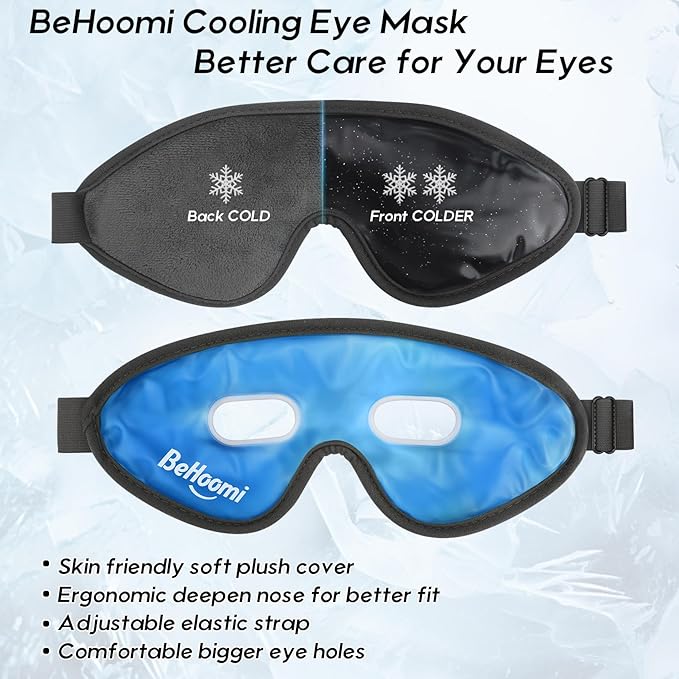 2Packs Cooling Eye Masks, Ice Eye Mask Cold Compress for Eyes, Reusable Cold Gel Eye Mask for Eye Relaxation, Comfort Snug Fit, Eye Cover for Home, Office, Black & Blue