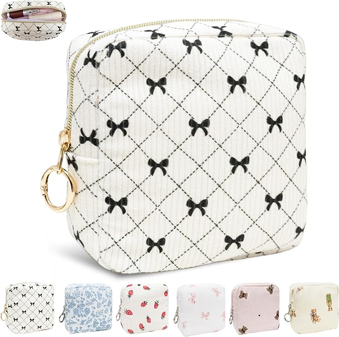 Period Bag for Girls, Corduroy Sanitary Napkin Storage Bag, Period Pouch & Tampon Holder, Feminine Care Organizer（Black Bow）