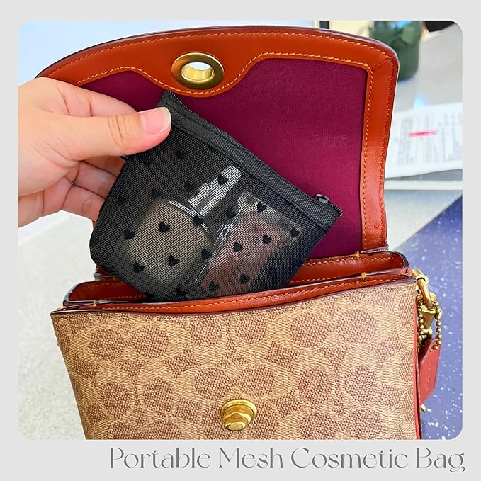 Mini Mesh Heart Makeup Bag Set, Mesh Cosmetic Bags with Zipper, Makeup Lipstick Cosmetic Accessories Organizer Bag, Mesh Pouch for Travel (Black-6pcs)