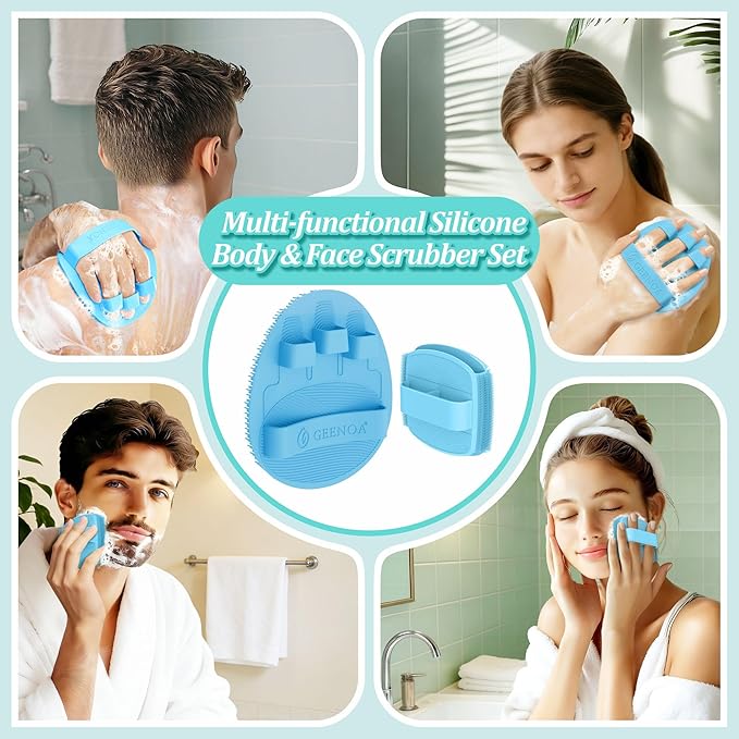 Silicone Bath Glove & Face Scrubber Set 2PCS, 360° Anti-Slip & Hand-fit Body Scrubber for Rich Foaming Deep Cleaning, Unique Facial Scrubber with Side-bristles for Contoured Areas.(Blue)