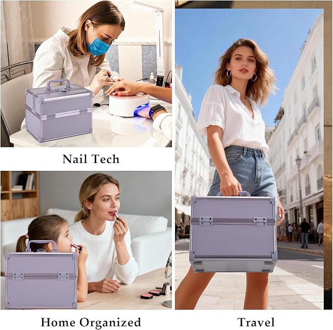 Makeup Train Case, Portable Makeup Case with Mirror, 2-Trays Cosmetic Organizer Case,Nail Polish Organizer, Travel Makeup Box, Profesional for Salon Barber, Purple