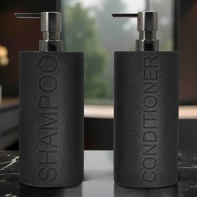 Resin 2 Pack Shampoo, Conditioner or Body Wash Dispenser Set, Luxurious Refillable Pump Bottles with Matte Pump Top and Embossed Text, Durable Design for Bathroom and Shower