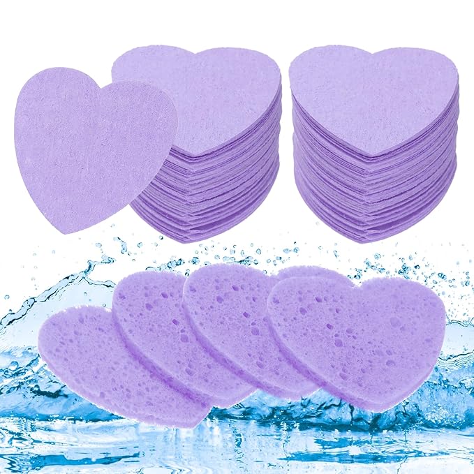 uxcell 120 Count Compressed Facial Sponges Heart-Shaped Face Cleansing Sponges Pads for Daily Skincare Routines at Home, Kitchen, Travel, Purple