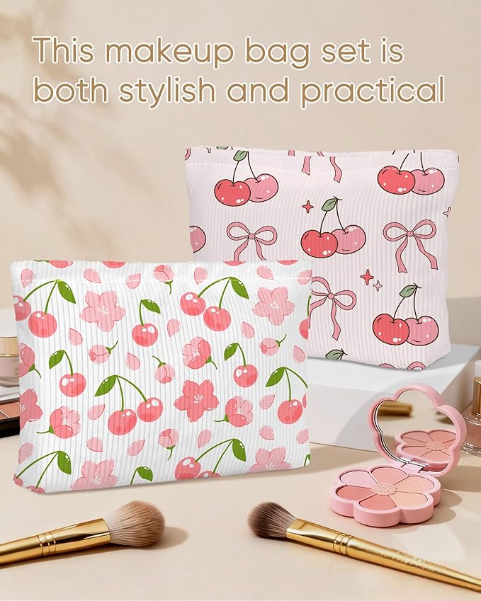 Cute Red Pink Cherry Floral Makeup Pouch for Women Small Make Up Cherries Bag for Purse Zipper Initial Makeup Cosmetic Bags Pouches for Purse Aesthetic Travel Toiletry Bags