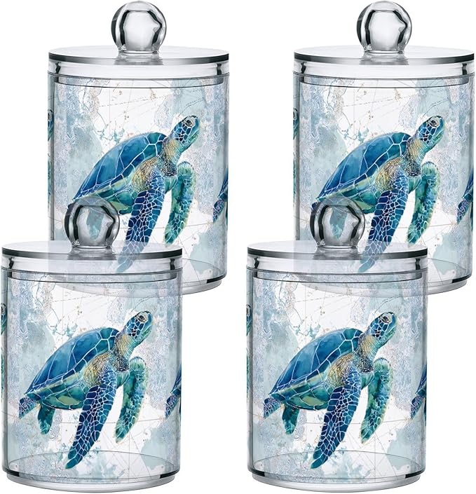 2 Pack Sea Turtle Pattern Apothecary Jars with Lid, 10 Oz Clear Plastic Apothecary Jar Set Qtip Holder Storage Containers for Cotton Ball Swabs Bathroom Vanity