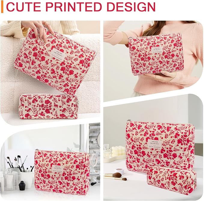 2PC Makeup Bag Set, Cute Cosmetic Bag for Women Girls, Floral Coquette Aesthetic Toiletry Bag, Travel Make Up Organizer Bag (Beverly)