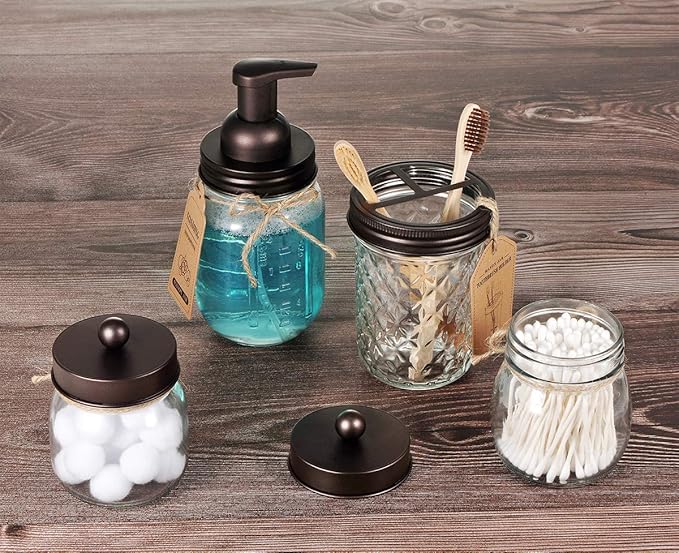 Amolliar Mason Jar Foaming Soap Dispenser, Rustproof Stainless Steel Lid, BPA Free Foam Pump, with Chalkboard Labels, Rustic Farmhouse Decor, Hand Soap Dispenser Bathroom Accessories, Bronze (1 Pack)