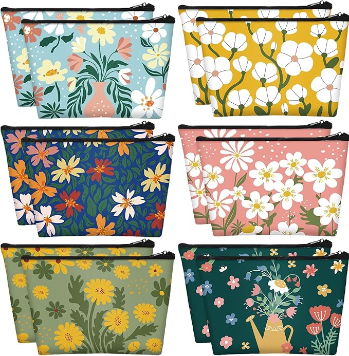 Sweetude 12 Pcs Spring Flowers Makeup Bag Bulk Portable Travel Cosmetic Bags with Zipper Simple Floral Waterproof Roomy Travel Beauty Toiletry Organizer Storage Pouch for Women Spring Gifts