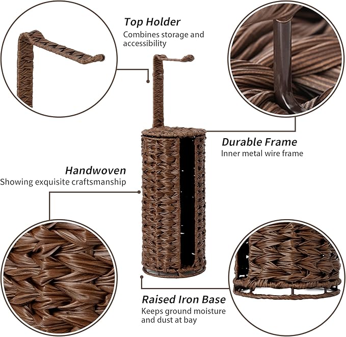 GRANNY SAYS Wicker Freestanding Toilet Paper Holder Stand with Storage, Modern Covered Toilet Paper Stand for 4 Rolls with Shelf for Wet Wipes, Tissue Holder for Bathroom Decor and RV, Brown