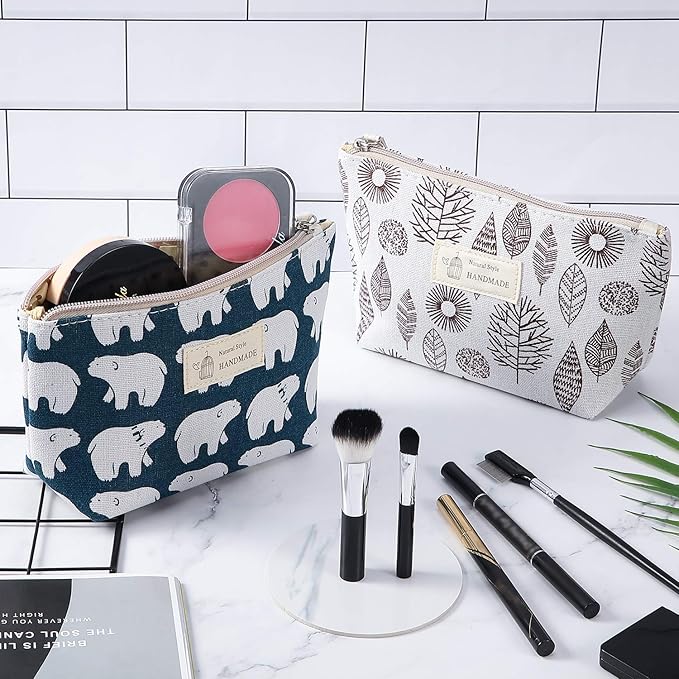 Boao 4 Pieces Canvas Makeup Bags Set Small Cosmetic Pouches for Purse with Zipper Multi Functional Toiletry Travel Case Organizer for Women Gift, 4 Styles(Small,Whale, Bear, Tree, Leave)