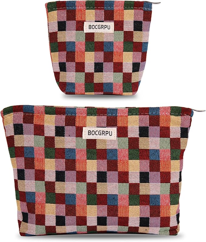 Makeup Bag Small Cute Cosmetic Bags for Women，Checkered Travel Toiletry Bag for Purse, Large Canvas Cosmetic Pouch Makeup Organizer Tool Pouch with Zipper（Colorful Checkered）