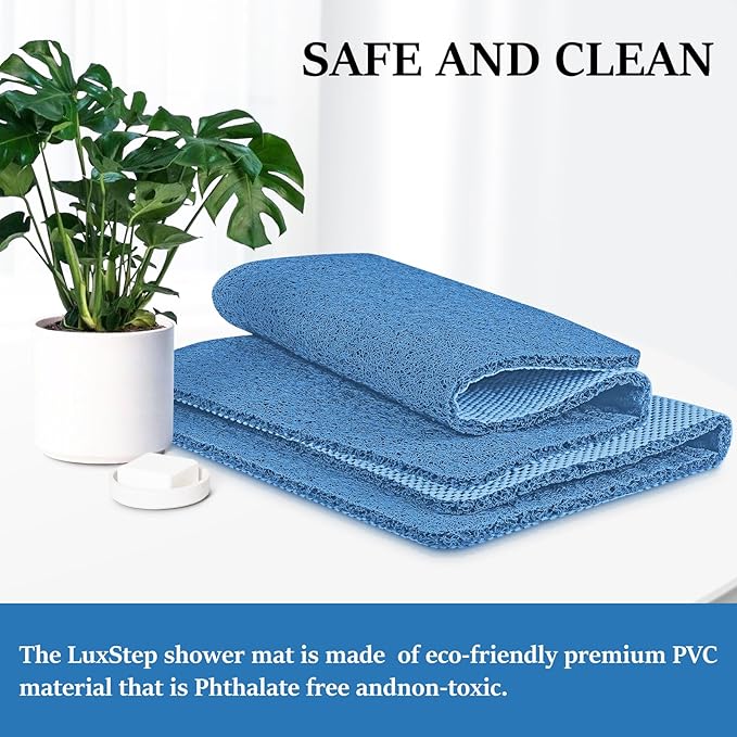 LuxStep Shower Mat Bathtub Mat,24x24 inch, Non-Slip Bath Mat with Drain, Quick Drying PVC Loofah Bathmat for Tub,Shower,Bathroom (Lake Blue)