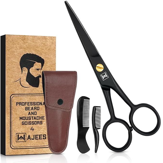 Mustache & Beard Scissors for Men – Professional 5" Stainless Steel Grooming Kit with Comb & Travel Case – Sharp Facial Hair Trimming Tool for Mustache, Beard, Nose & Eyebrows