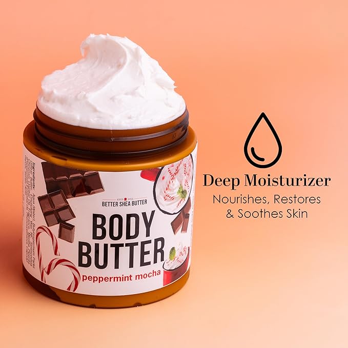 Peppermint Mocha Body Butter with Raw Shea Butter and Jojoba Oil, Full Body Moisturizer for Dry Skin, Hydrating Lotion for Women and Men