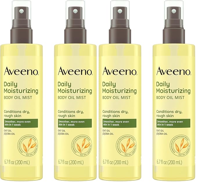 Aveeno Daily Moisturizing Body Oil Mist with Oat & Jojoba Oil for Dry Sensitive Skin,Nourishing Body Spray for Smoother Skin,Paraben-,Silicone- & Alcohol-Free,6.7 fl. oz,(Pack of 4)