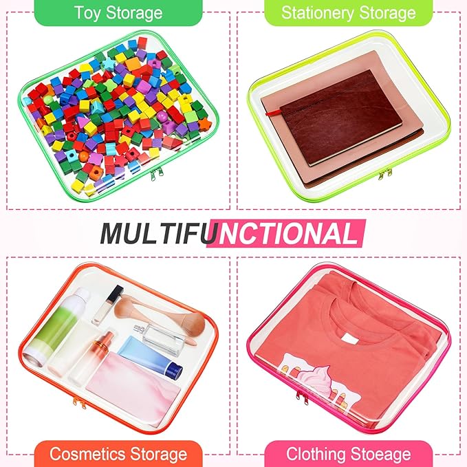 Hoolerry 4 Pcs Hard Clear Zipper Case Makeup Bags Plastic Zipper Pouch Transparent Storage Box Containers for Cosmetics, Snacks, Building Blocks, Puzzles(Clear,13.8 x 11.8 x 2 in,Fluorescent)