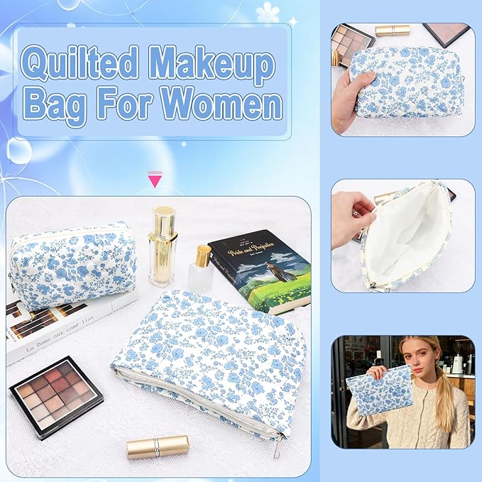 2Pcs Small Makeup Bag Quilted Cosmetic Bag Flower Pencil Case Travel Makeup Bag Set for Women Cute Cosmetic Pouch Aesthetic Cotton Toiletry Organizer Storage Bags Puffy Zipper Pouch Christmas Gifts A