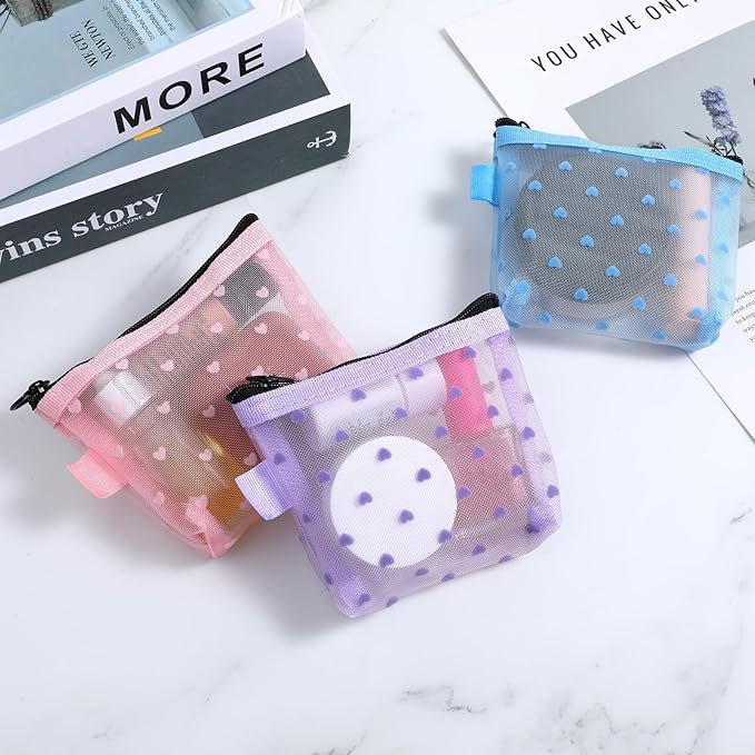 3Pcs Mini Cosmetic Bags, Heart Print Mesh Zipper Bags, Lipstick Accessories Organizer, Makeup Bag for Women, Small Purse Bag, 3 Colors, Style 5